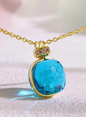 新款方块彩色宝石水晶项链女小众文艺高级感气质简约通勤锁骨链女