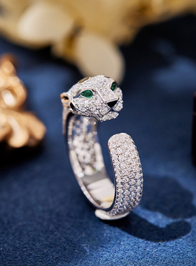 超高品质闪钻花豹子戒指女王风范