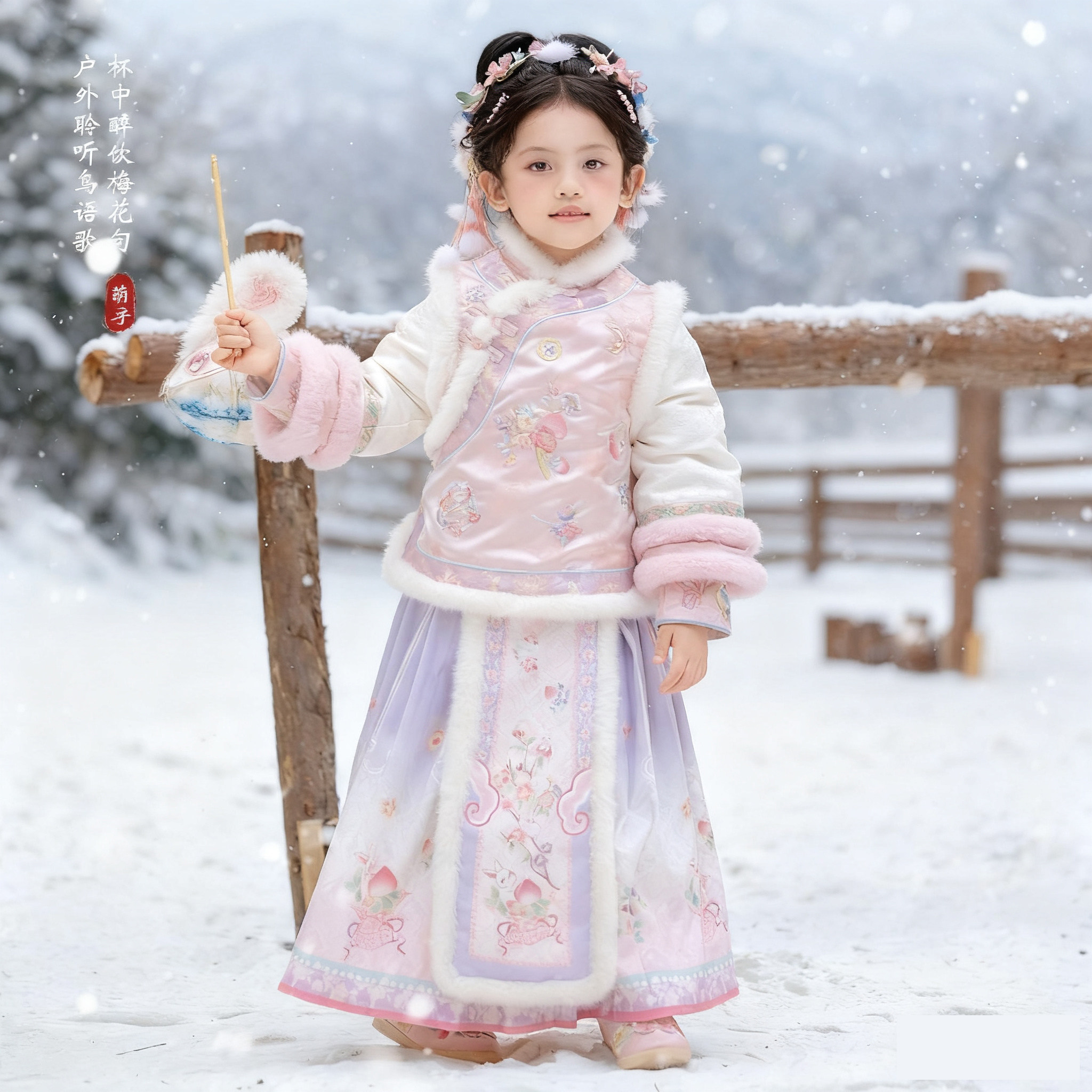 汉服女童冬装粉色古装套装加绒加厚新年过年儿童拜年服新中式,淘宝优惠券,粉丝福利购,淘宝优惠卷