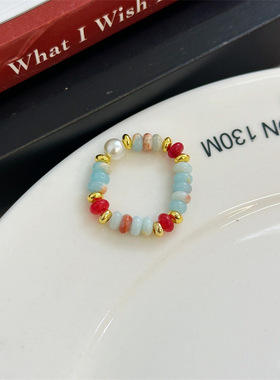 绿松石串珠戒指天然石百搭多巴胺春夏食指环戒指法式小众设计手饰