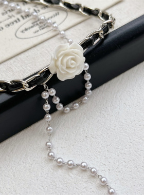 玫瑰花珍珠流苏锁骨链小众高级轻奢颈链高级感百搭山茶花皮革项圈