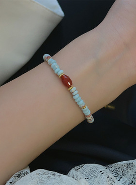 绯蓝|天然石彩色串珠项链寿山石玛瑙吊坠轻奢小众复古感锁骨链女