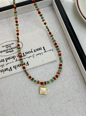 美拉德猫眼石吊坠项链复古彩色天然石高级精致秋冬新款百搭毛衣链