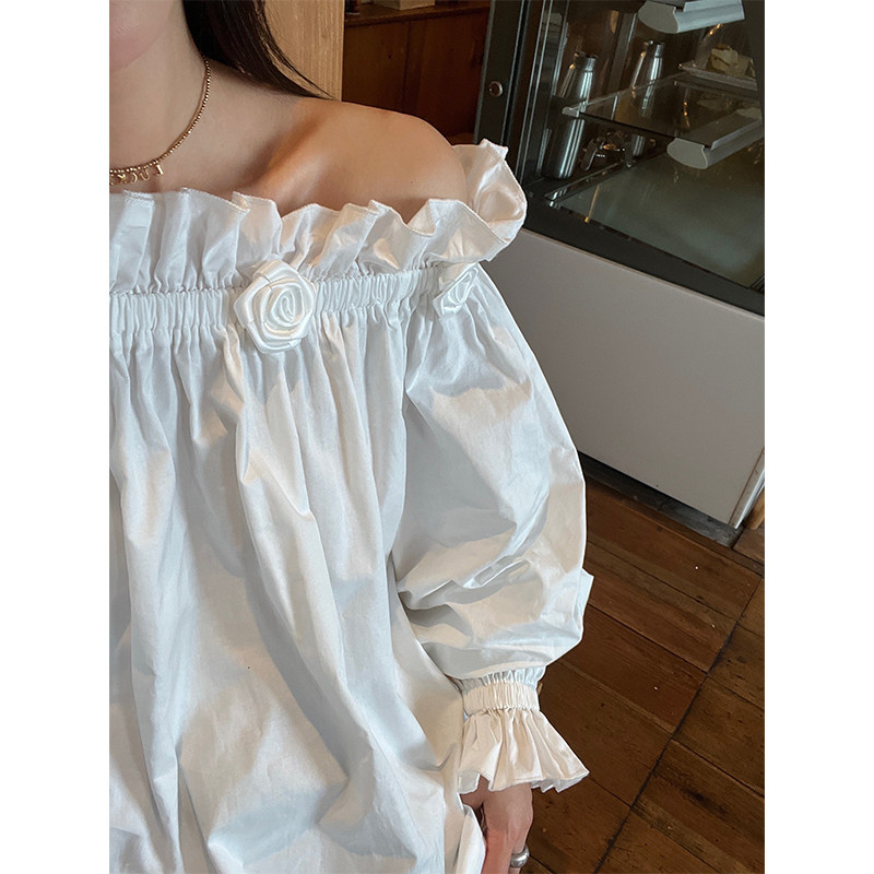 落落狷介衬衣2025年新款女一字肩上衣白色宽松长袖法式小个子衬衫,淘宝优惠券,粉丝福利购,淘宝优惠卷