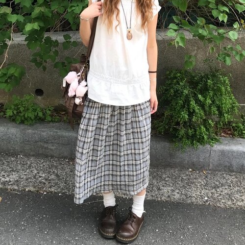 已出货 韩国复古鬼马系少女褶皱格纹休闲慵懒风森系中长款半身裙 - 图0