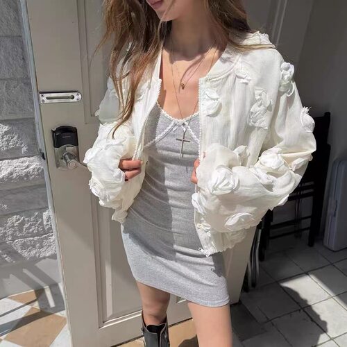 有货～韩国重工立体玫瑰花朵薄纱棒球服外套 - 图2