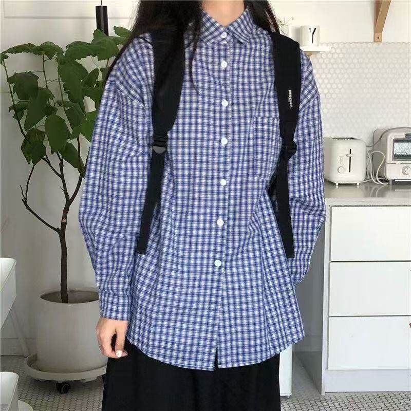 日系ins潮长袖格子衬衣2025早春新款韩版学生百搭上衣宽松衬衫女 - 图1