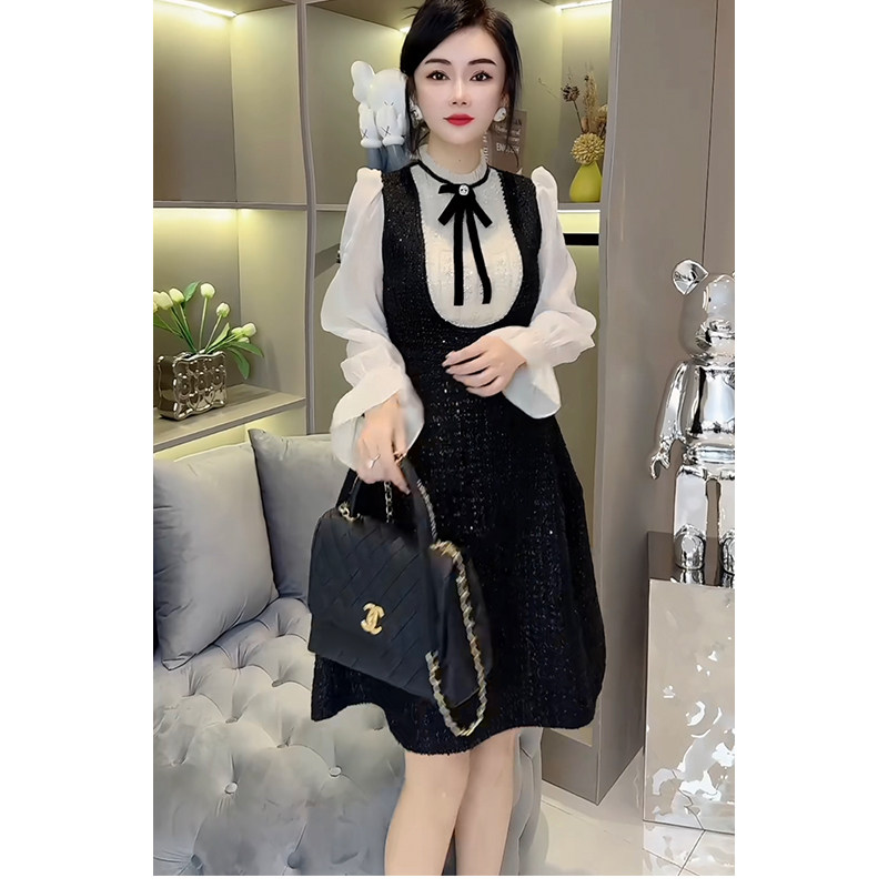 欧货时尚小香风连衣裙2023年秋冬季款重工钉珠花边领假两件A字裙,淘宝优惠券,粉丝福利购,淘宝优惠卷