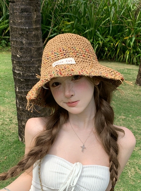 气质彩虹手编草帽渔夫帽女度假