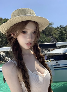夏季女款平顶织带防晒沙滩草帽