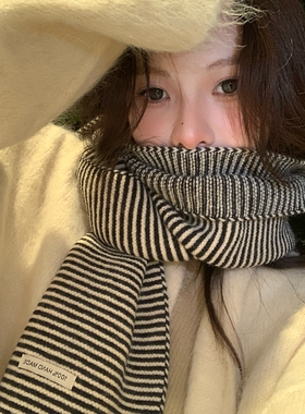 韩国撞色条纹围巾围脖女冬含羊毛