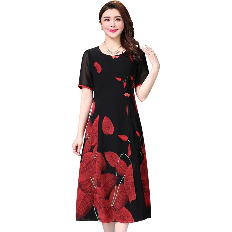 古贝莎夏装新款短袖圆领中长裙子妈妈印花修身显瘦婆婆雪纺连衣裙