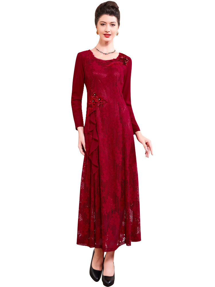 古贝莎蕾丝婚宴礼服妈妈装喜婆婆大码显瘦结婚年会中长连衣裙