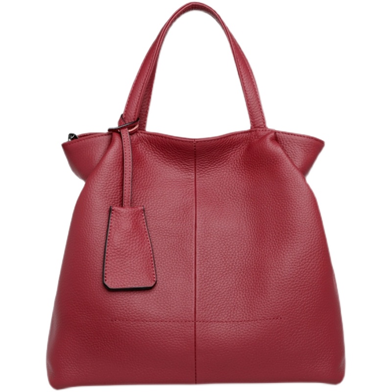 水桶包女2025新款真皮女包酒红色手提包大容量包包单肩斜挎妈妈包 - 图3