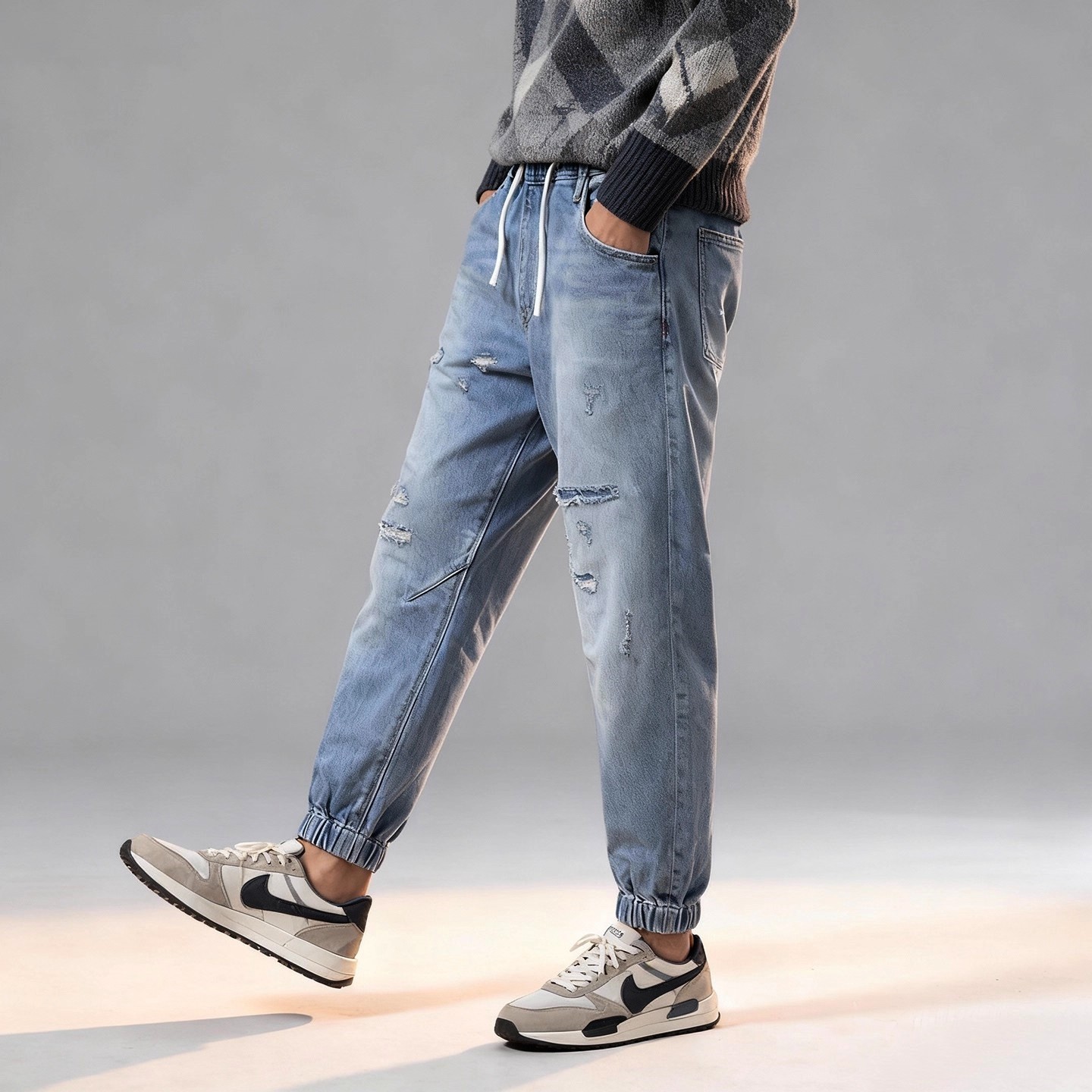 福利休闲松紧腰牛仔裤束脚ABLE JEANS男九分裤秋季休闲潮流锥形裤,淘宝优惠券,粉丝福利购,淘宝优惠卷