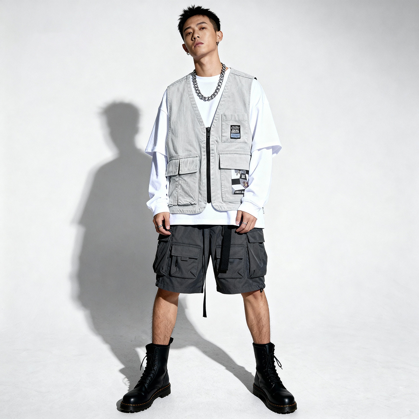 ABLE JEANS休闲宽松工装白牛仔马甲男2025多口袋潮流坎肩钓鱼背心,淘宝优惠券,粉丝福利购,淘宝优惠卷