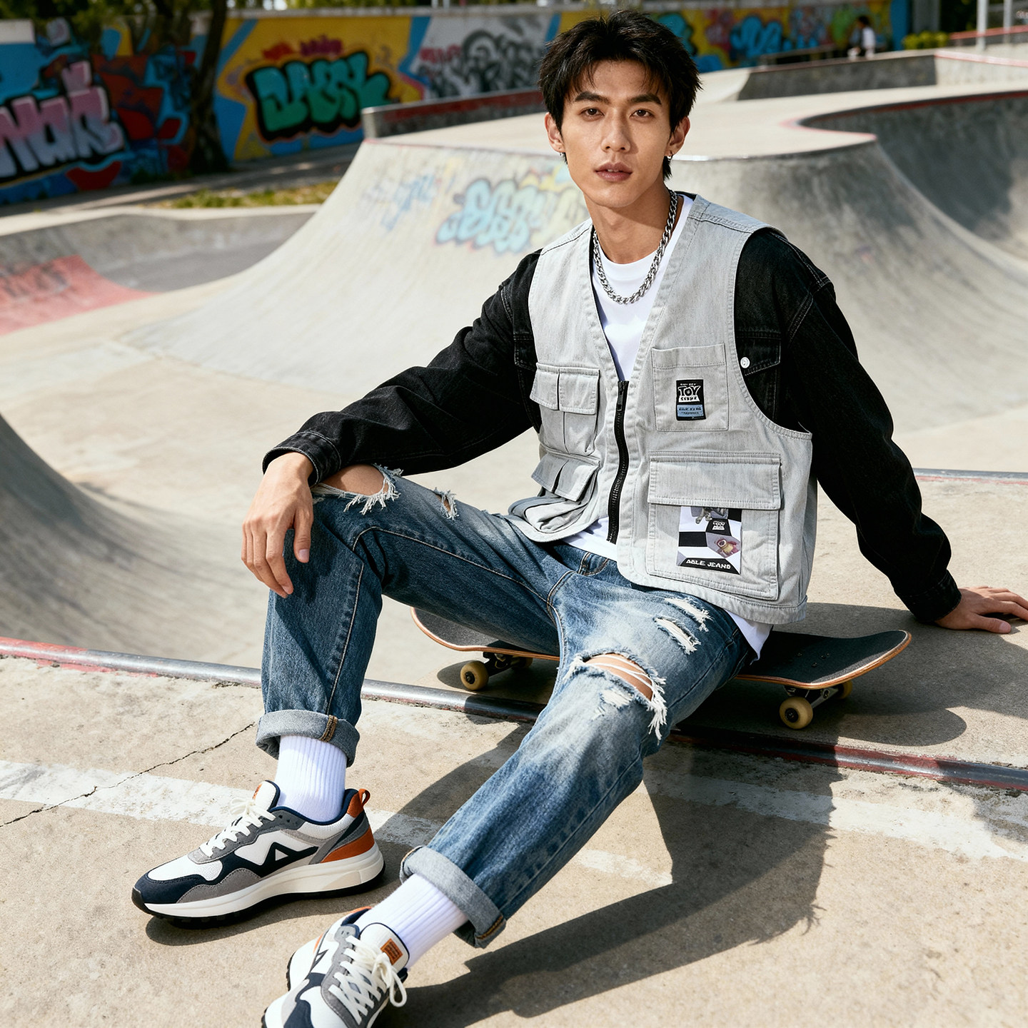 ABLE JEANS休闲宽松工装白牛仔马甲男2025多口袋潮流坎肩钓鱼背心,淘宝优惠券,粉丝福利购,淘宝优惠卷