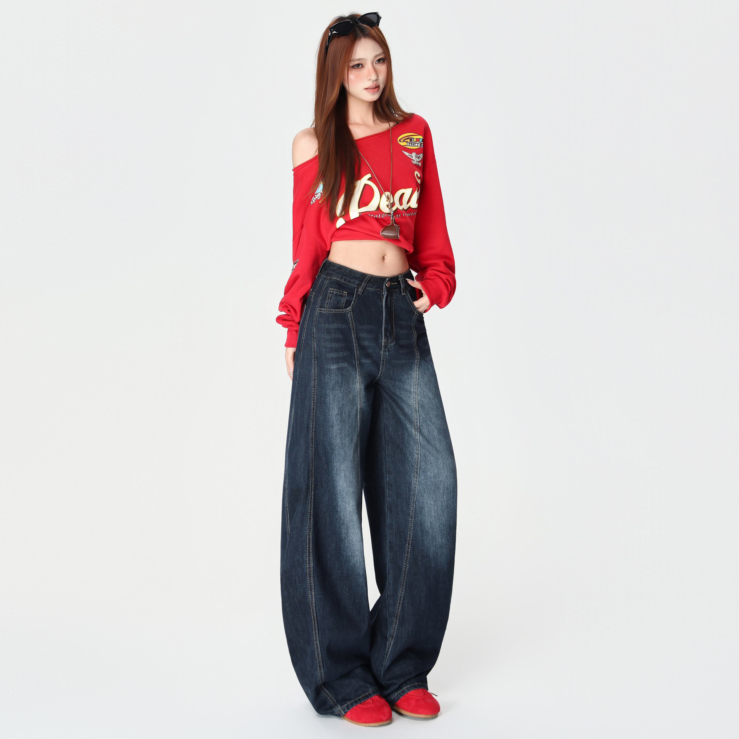 美式复古刺绣弯刀阔腿牛仔裤女秋季新款高腰直筒宽松拖地裤,淘宝优惠券,粉丝福利购,淘宝优惠卷