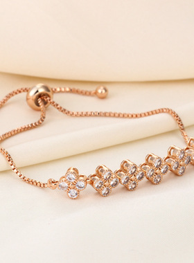 香槟金时尚简约幸运四叶草微镶满钻手饰气质百搭抽拉式送女友手链