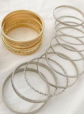 民族风合金手饰复古宽面手镯套装女金色光面手环手链十百搭