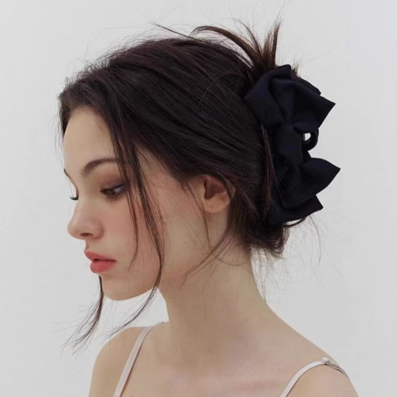 秋冬大号黑色缎面立体蝴蝶结发夹高颅顶抓夹高级感顶夹,淘宝优惠券,粉丝福利购,淘宝优惠卷