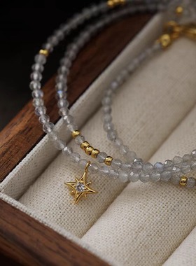 极细2.5mm天然月光石项链小众设计轻奢八芒星吊坠锁骨链级颈链