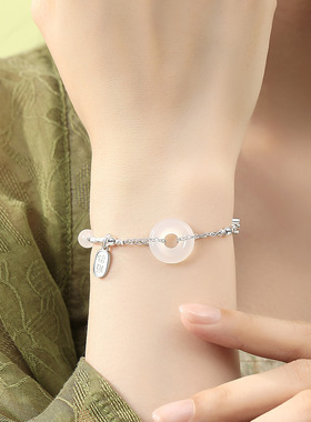 白玉髓平安扣简约碎银子手链女夏季S925纯银福牌高级感送女友礼物