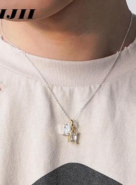 【链界LIJII】925纯银双方形锆石金银拼色吊坠简约小众男女项链