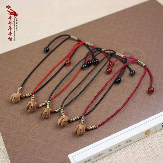 本命年饰品 天然桃木雕刻虎头铃铛手工编织红绳五彩绳脚链 男女款