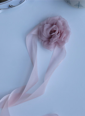 温柔风浅粉宽系带花朵项圈choker