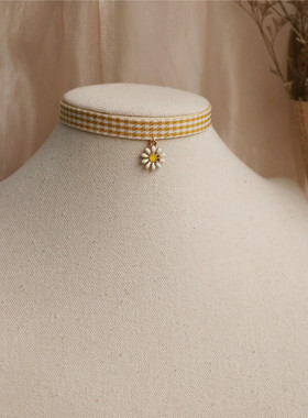 秋冬黄格子少女心雏菊项圈choker