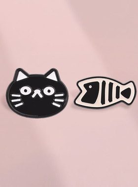 可爱黑色鱼骨猫咪金属徽章胸针