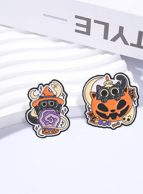 万圣节黑猫水晶球月亮金属胸针