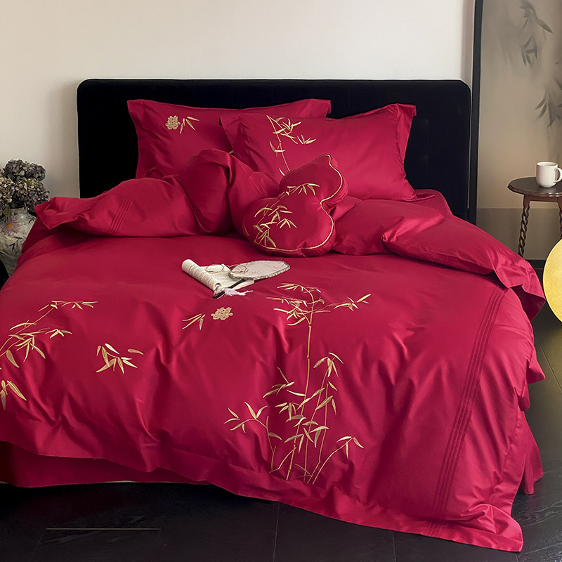 金竹报喜~高档新中式结婚床上用品四件套婚庆全棉大红色陪嫁喜被,淘宝优惠券,粉丝福利购,淘宝优惠卷