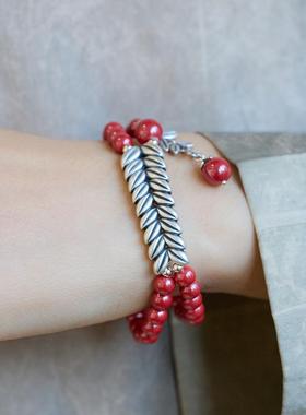 纯银麦穗原矿朱砂手链