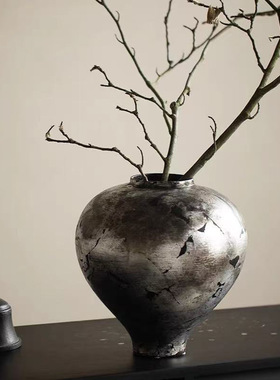 侘寂风中古日式黑色银箔花瓶摆件高级感花器客厅插花民宿酒店装饰