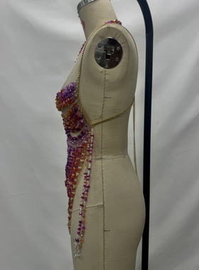 唐艺明星同款欧美跨境新款串珠辣妹身体链罩衣挂脖外搭上衣潮女