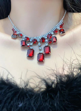 柳柳同款气质轻奢红色水晶高级感项链小众设计宝石流苏礼服颈链