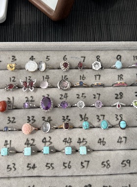 捡漏天然绿松石水晶纯银戒指 海纹石紫水晶绿松石南红石榴石 Y999