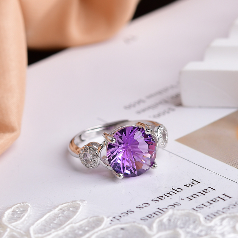 天然紫水晶烟花切纯银戒指 活口镶嵌可调节 Y1697 - 图0