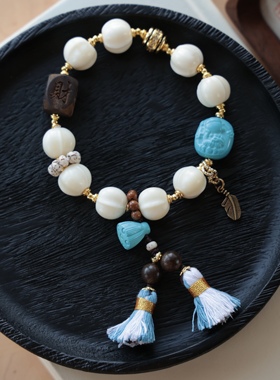 牛骨鲨鱼背手串搭配菱镁矿无相佛 莲蓬 沉香恭喜发财 纯铜 DM751