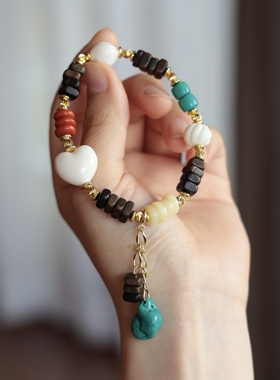 达拉干沉香随形手串手链搭配牛骨爱心 四花铁核 菱镁矿 DM793