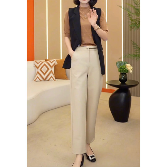 中年妈妈烟管裤女士春夏新款高腰显瘦小个子九分休闲裤垂感哈伦裤