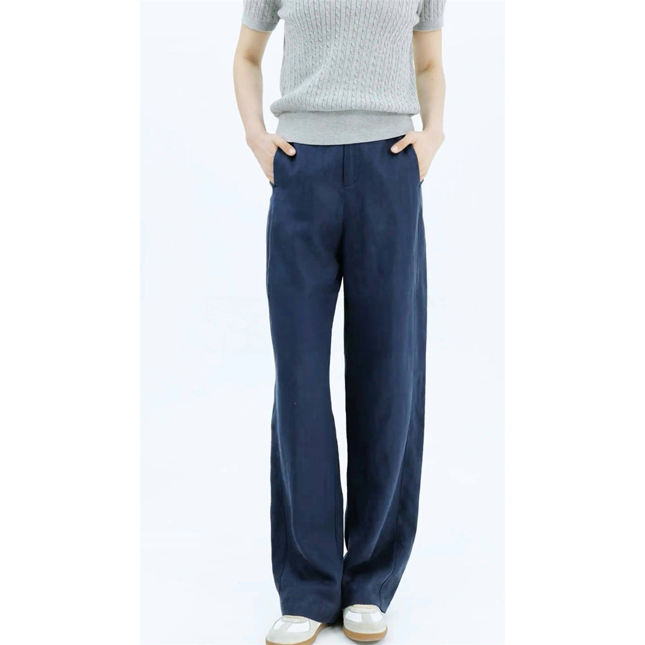 天丝亚麻窄版阔腿裤女2026夏季新款高腰垂感宽松松弛休闲麻料裤子