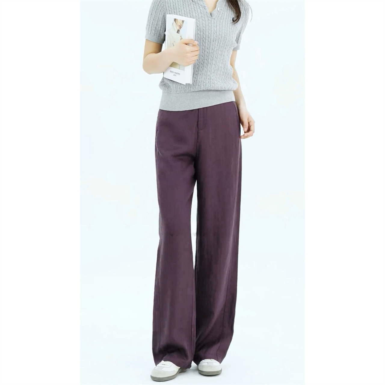 天丝亚麻窄版阔腿裤女2026夏季新款高腰垂感宽松松弛休闲麻料裤子