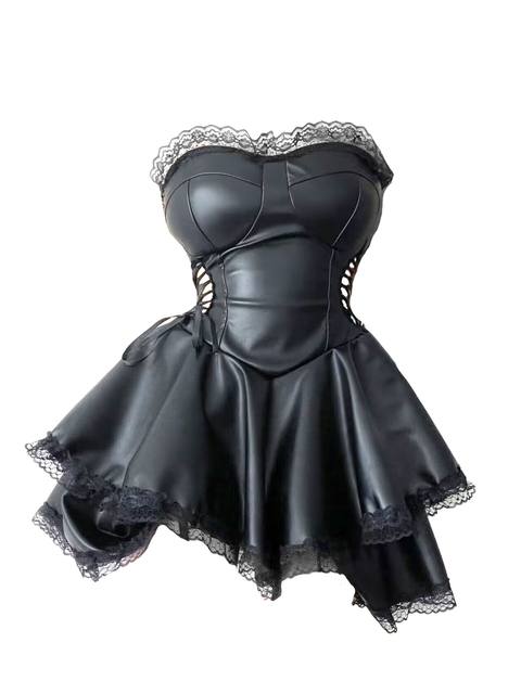 Strapped PU leather summer gothic lace A-line skirt