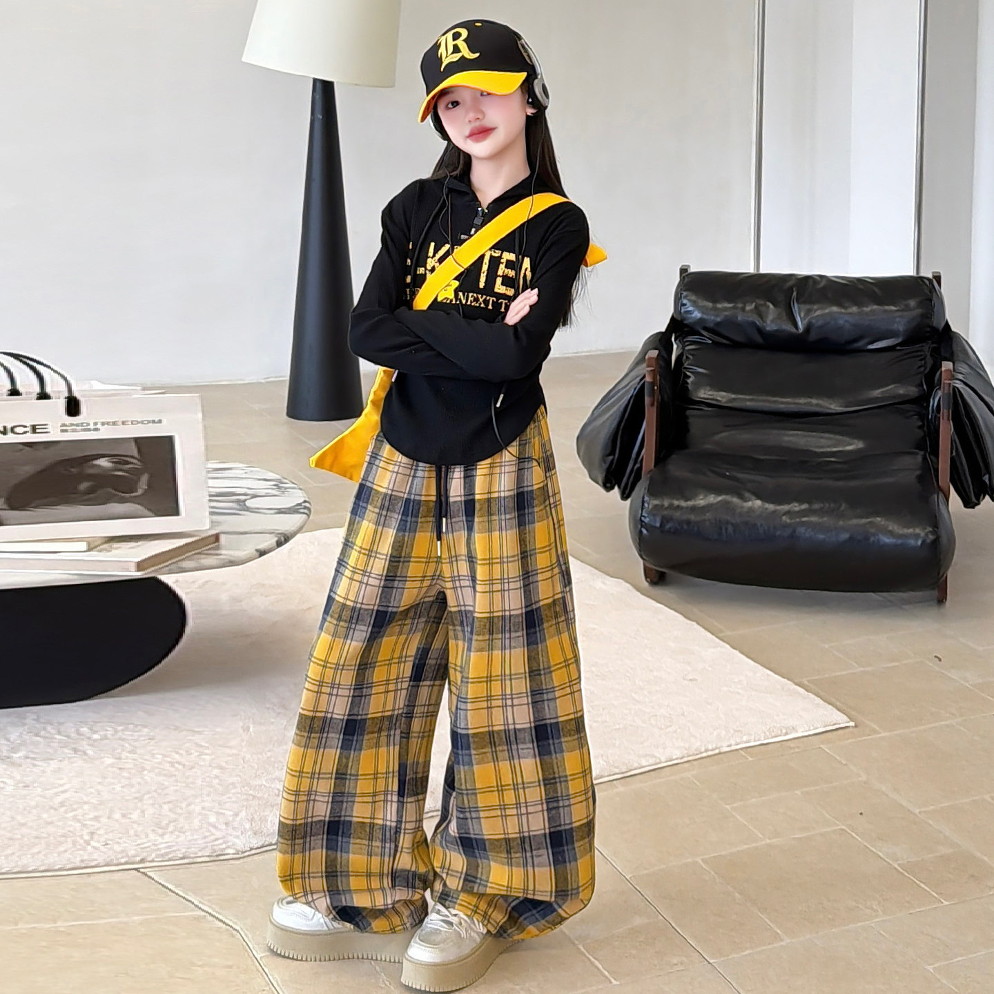 酷飒女童复古格子阔腿裤套装美式儿童爵士服演出服黑色上衣连帽潮,淘宝优惠券,粉丝福利购,淘宝优惠卷