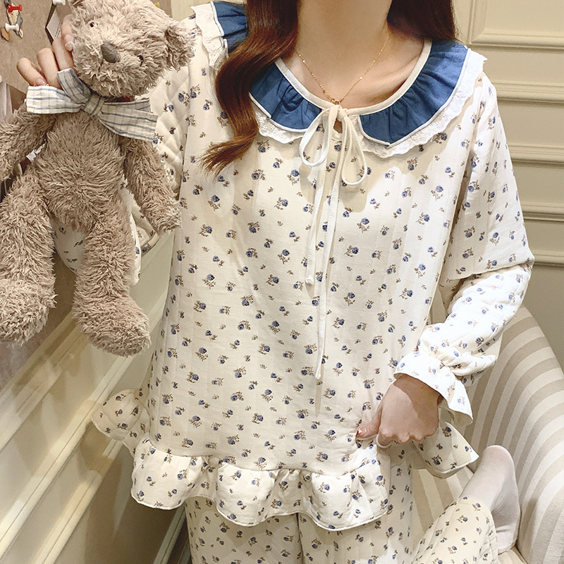 喔密哒秋冬季新款田园碎花夹层保暖仿棉睡衣套装女士可外穿 - 图2