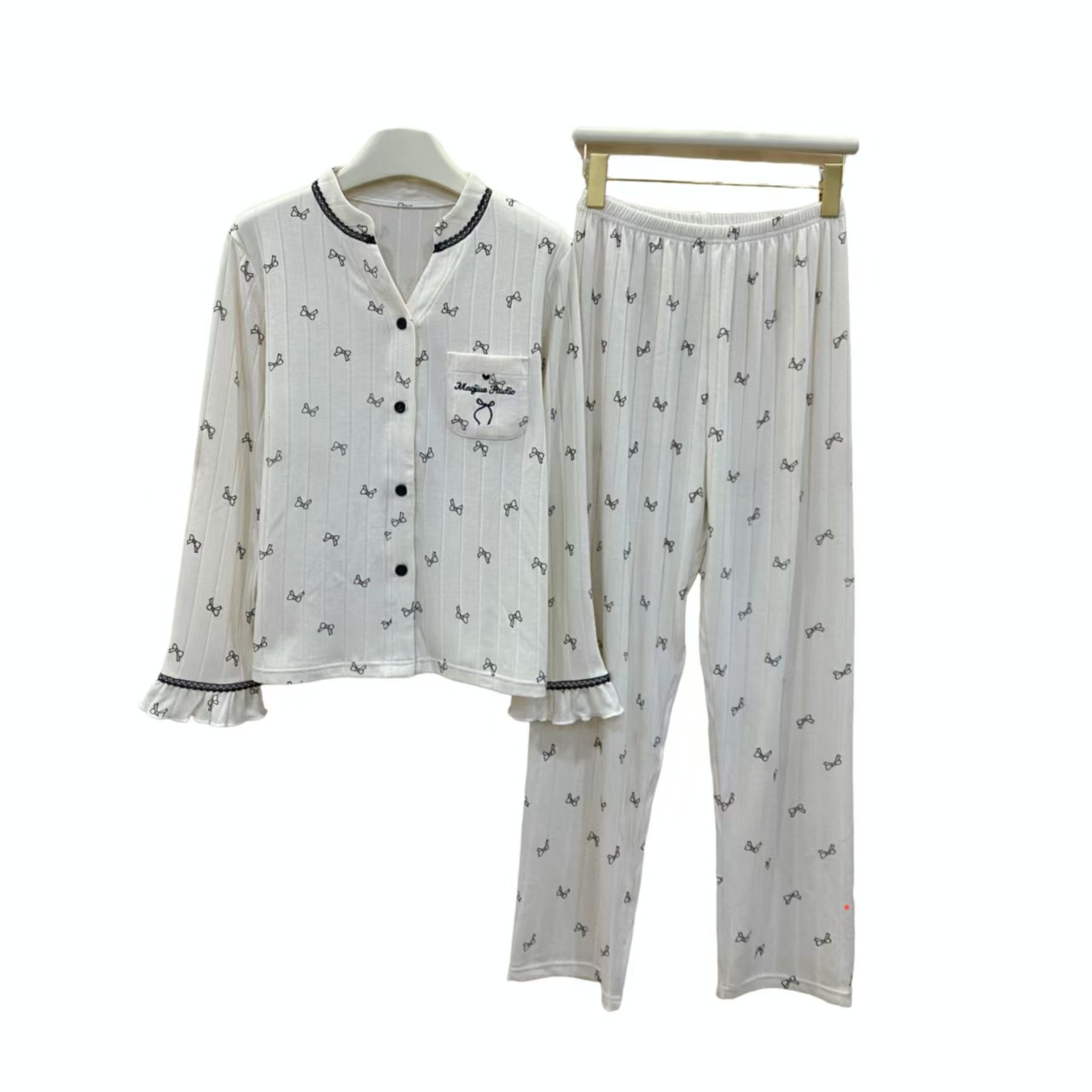 喔密哒秋款V领羊绒棉蝴蝶结印花长袖长裤睡衣套装女可外穿家居服 - 图3