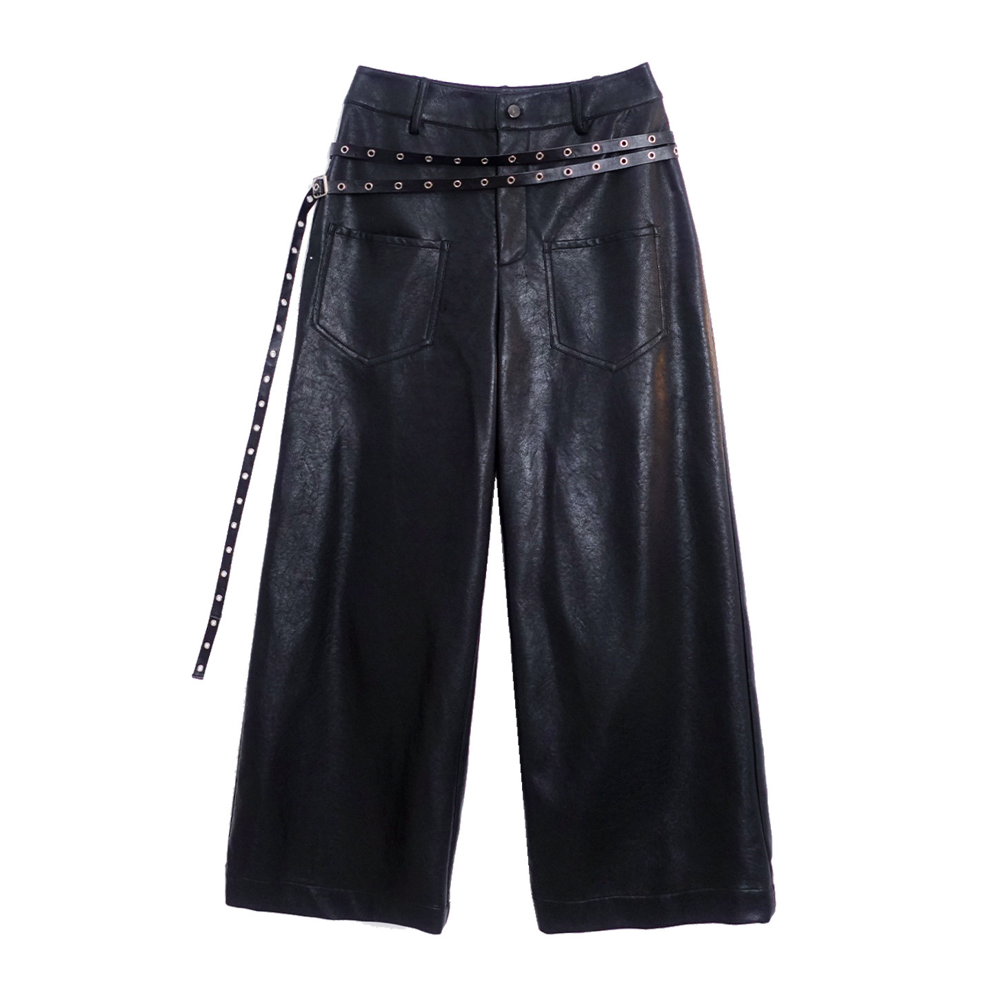 VCR STUDIO气场全开！设计感双腰带弯刀裤中低腰百搭阔腿PU皮裤女,淘宝优惠券,粉丝福利购,淘宝优惠卷